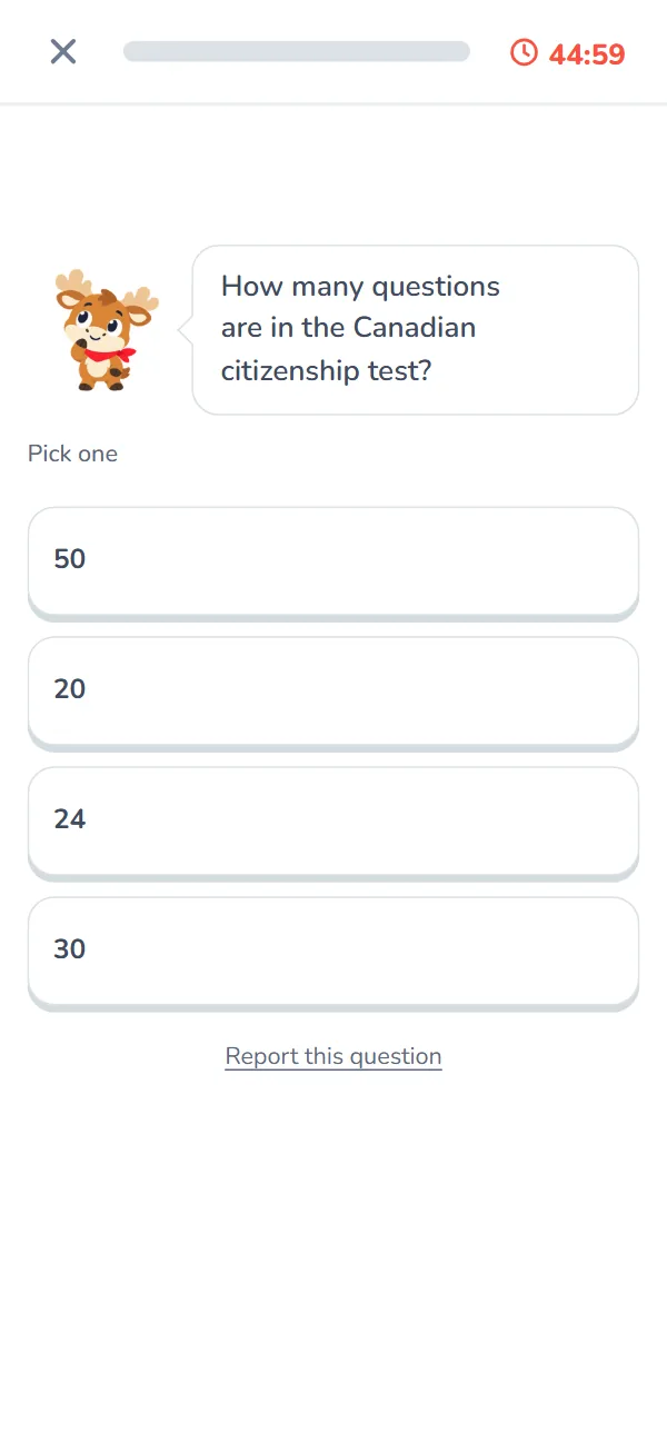 A timed practice test question, the clock running, with four answers to pick from.