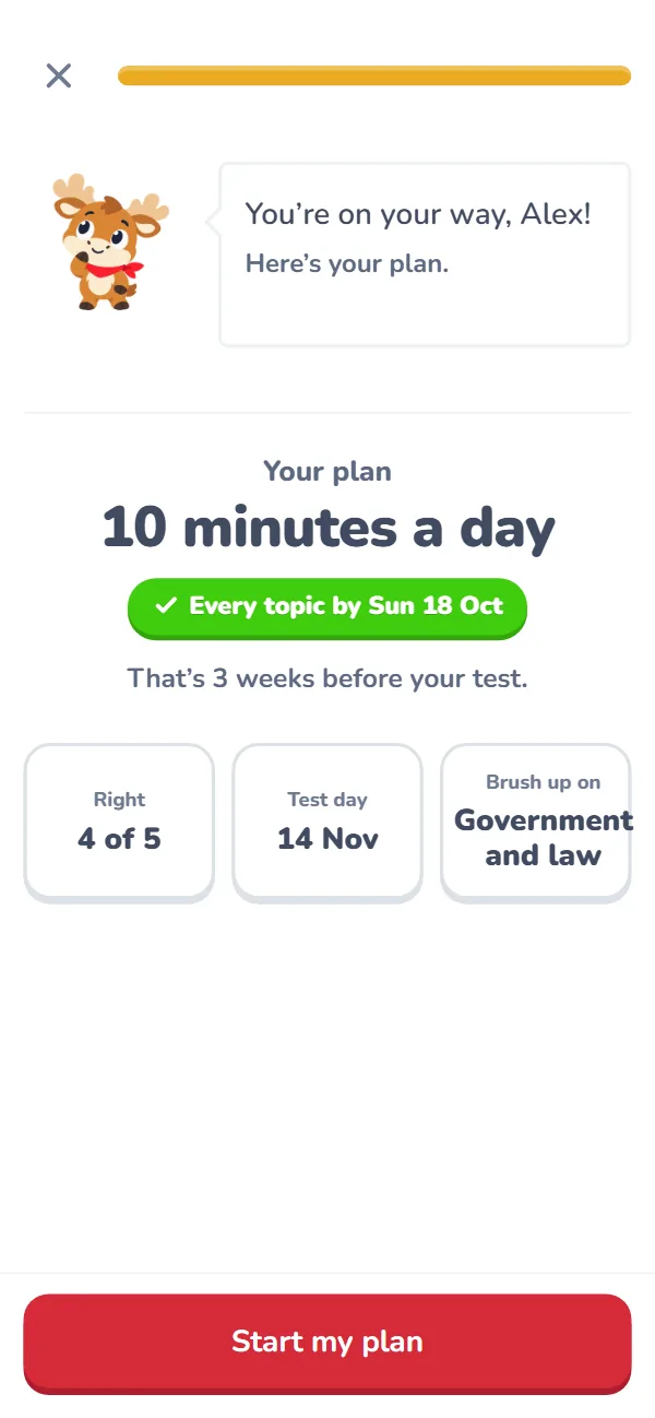 An example daily study plan based on practice answers, available study time and a chosen test date.